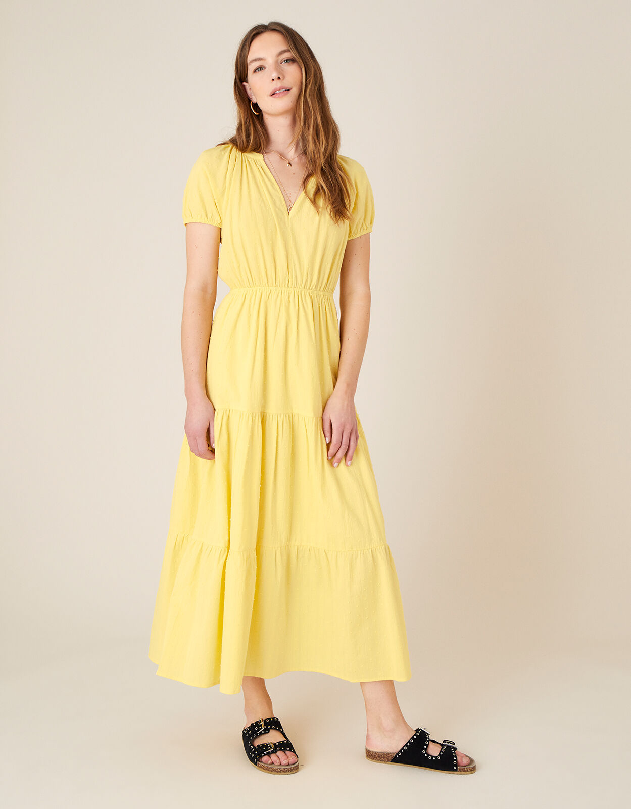 Tiered Midi Dress in Pure Cotton Yellow ...